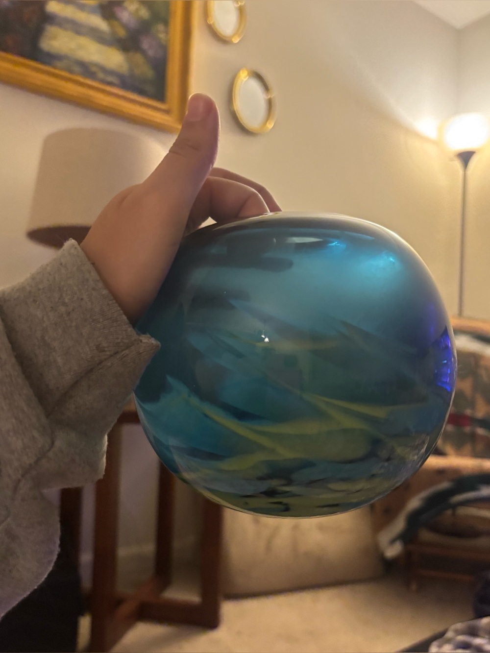 Handblown Blue Glass Art Sphere with Yellow Swirls